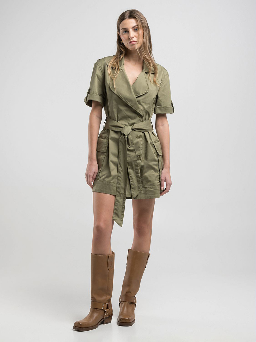 軍綠色風衣式短洋裝