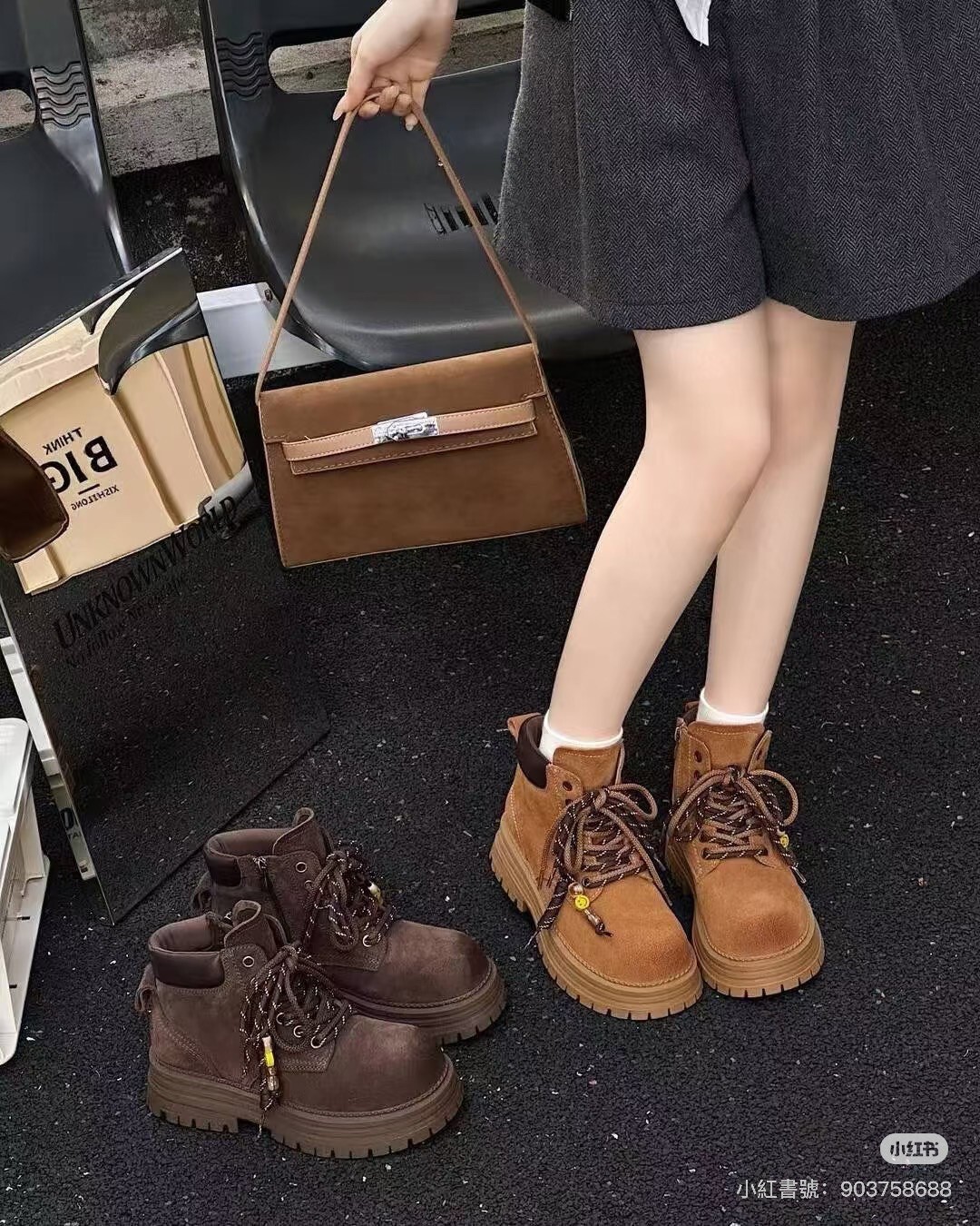 6669-11韓國真皮雙鞋帶厚底馬丁靴