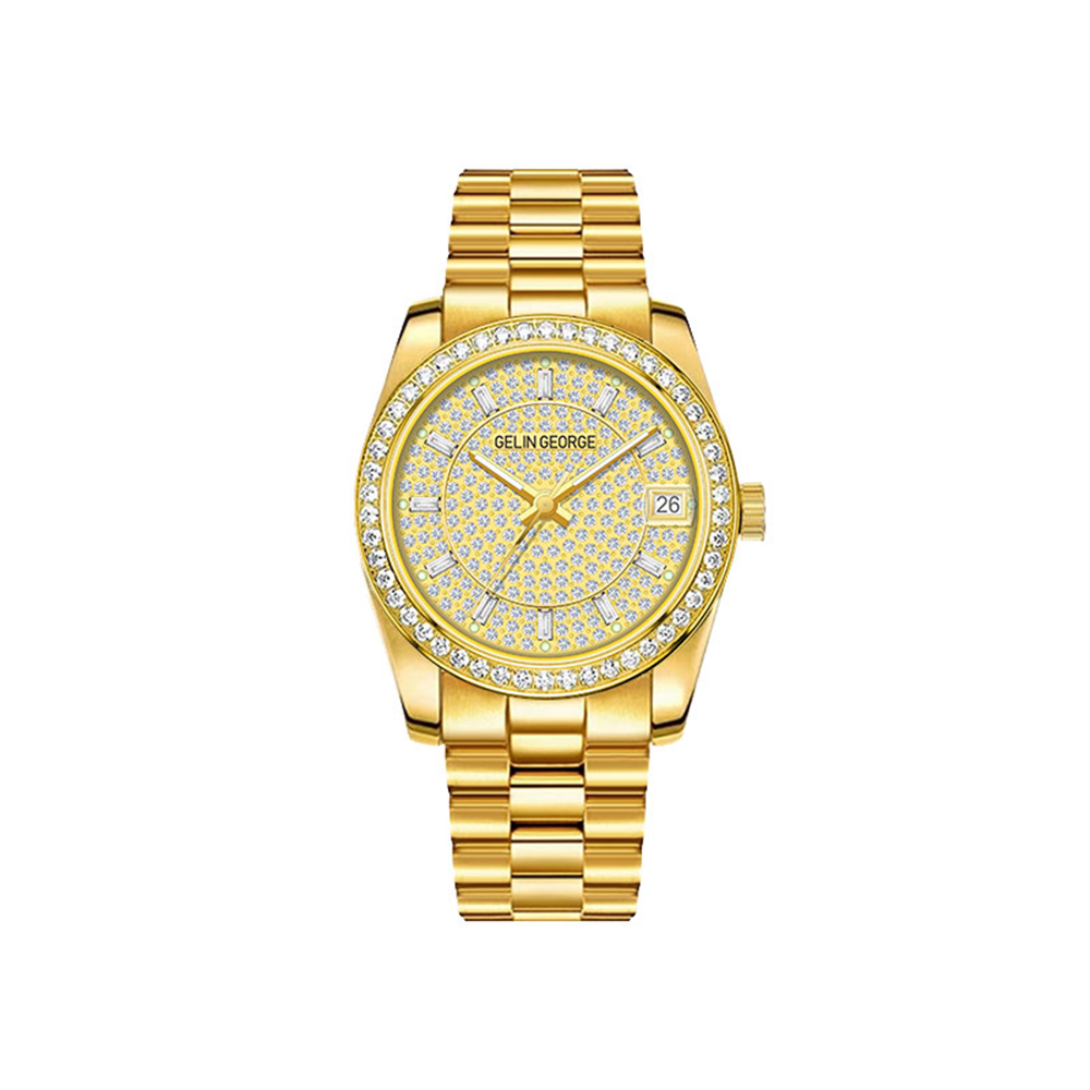 【GELIN GEORGE 格林喬治】黃冰糖系列 GL-605 限量 錶殼錶帶表面黃金  男女對錶 機械 夜光 不鏽鋼 手錶