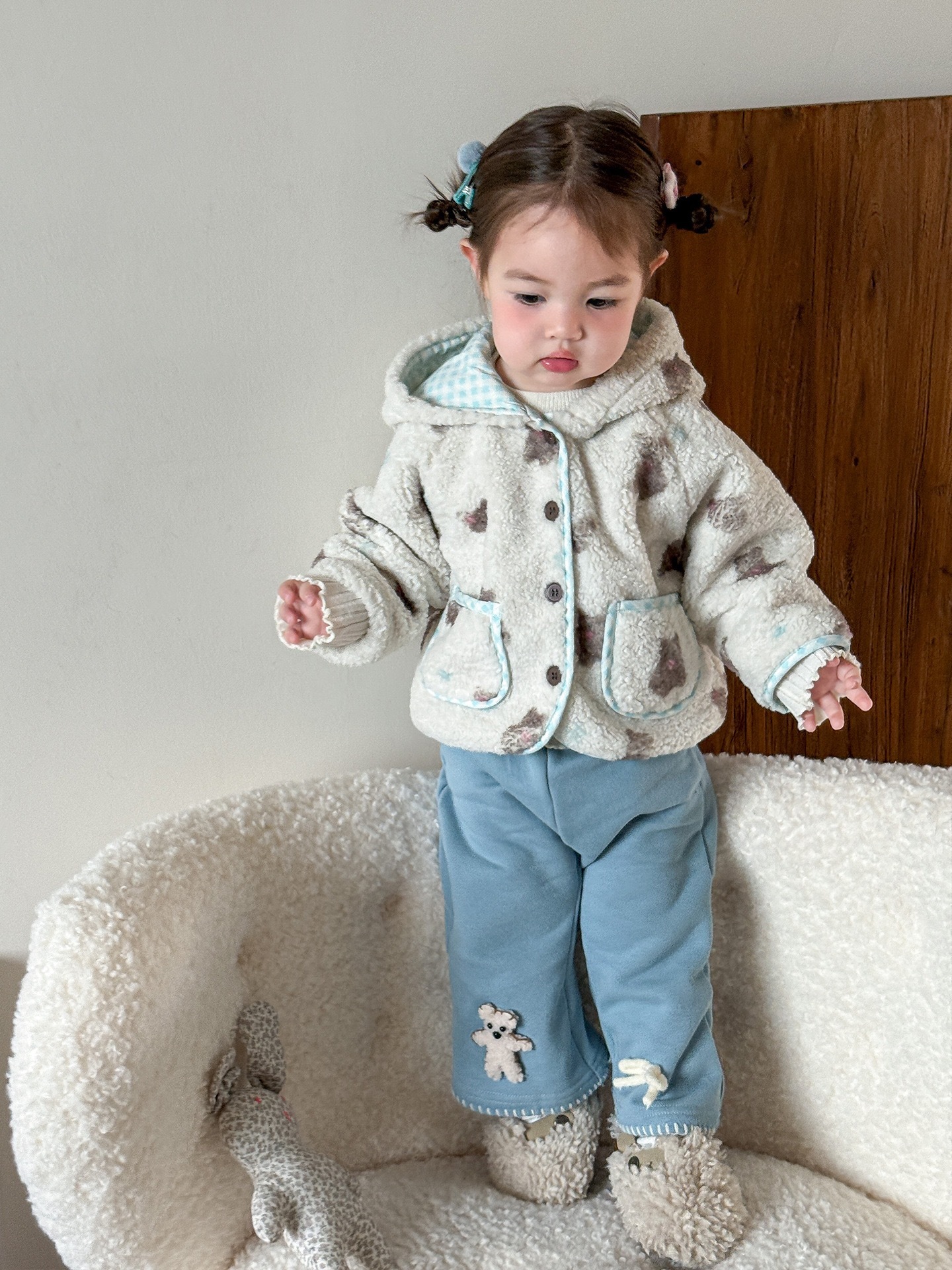 羊羔毛連帽外套/抓絨喇叭褲