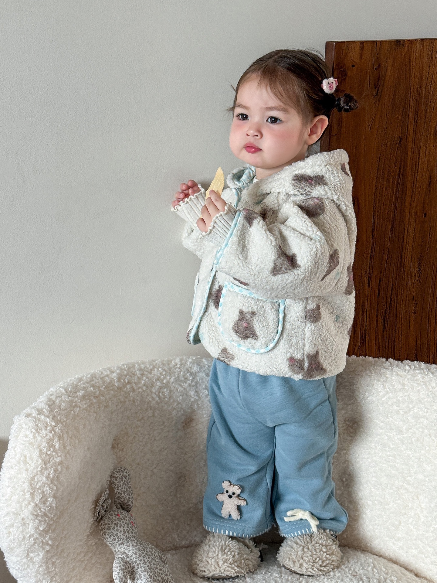 羊羔毛連帽外套/抓絨喇叭褲