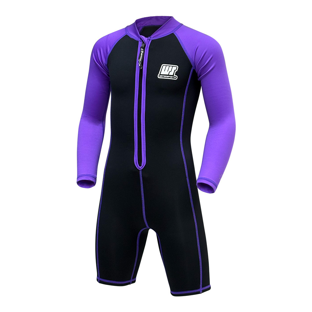2/1mm 兒童 CR & 抓毛游泳保暖連身衣 - 黑/紫