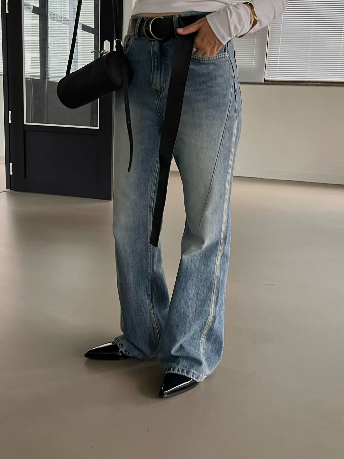 車線時髦刷色牛仔長褲
