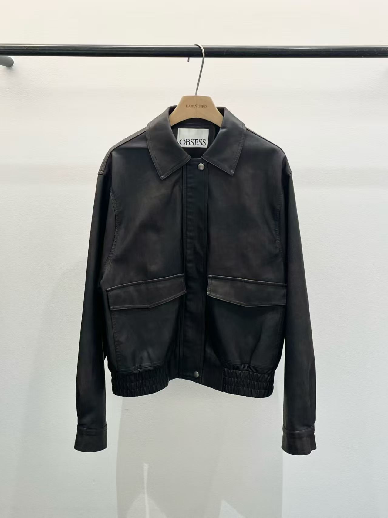 OB5113 翻領雙口袋收腰皮外套