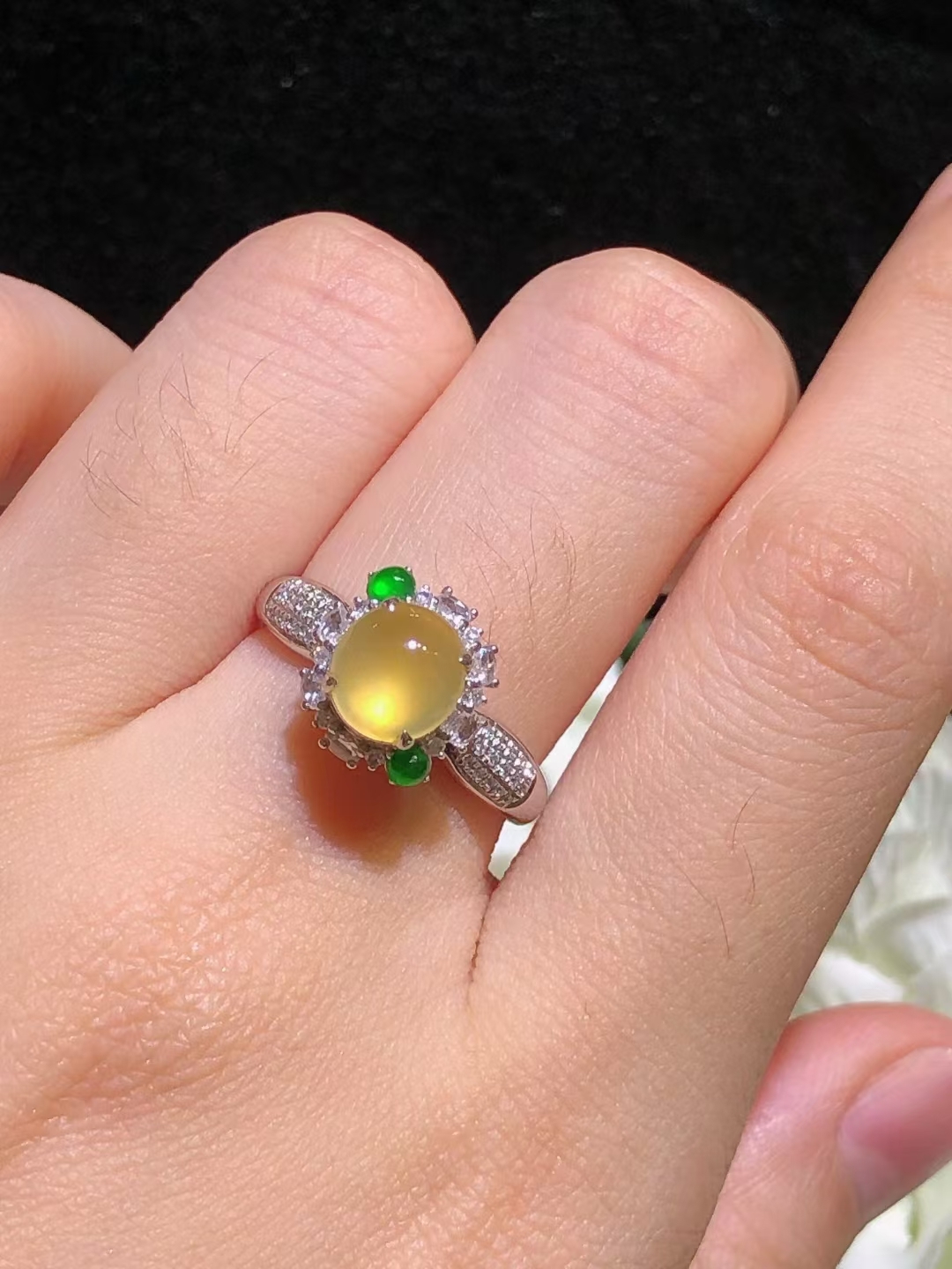 翡翠冰黃蛋面戒指,天然翡翠A玉, 緬甸玉, Jade, Jadeite