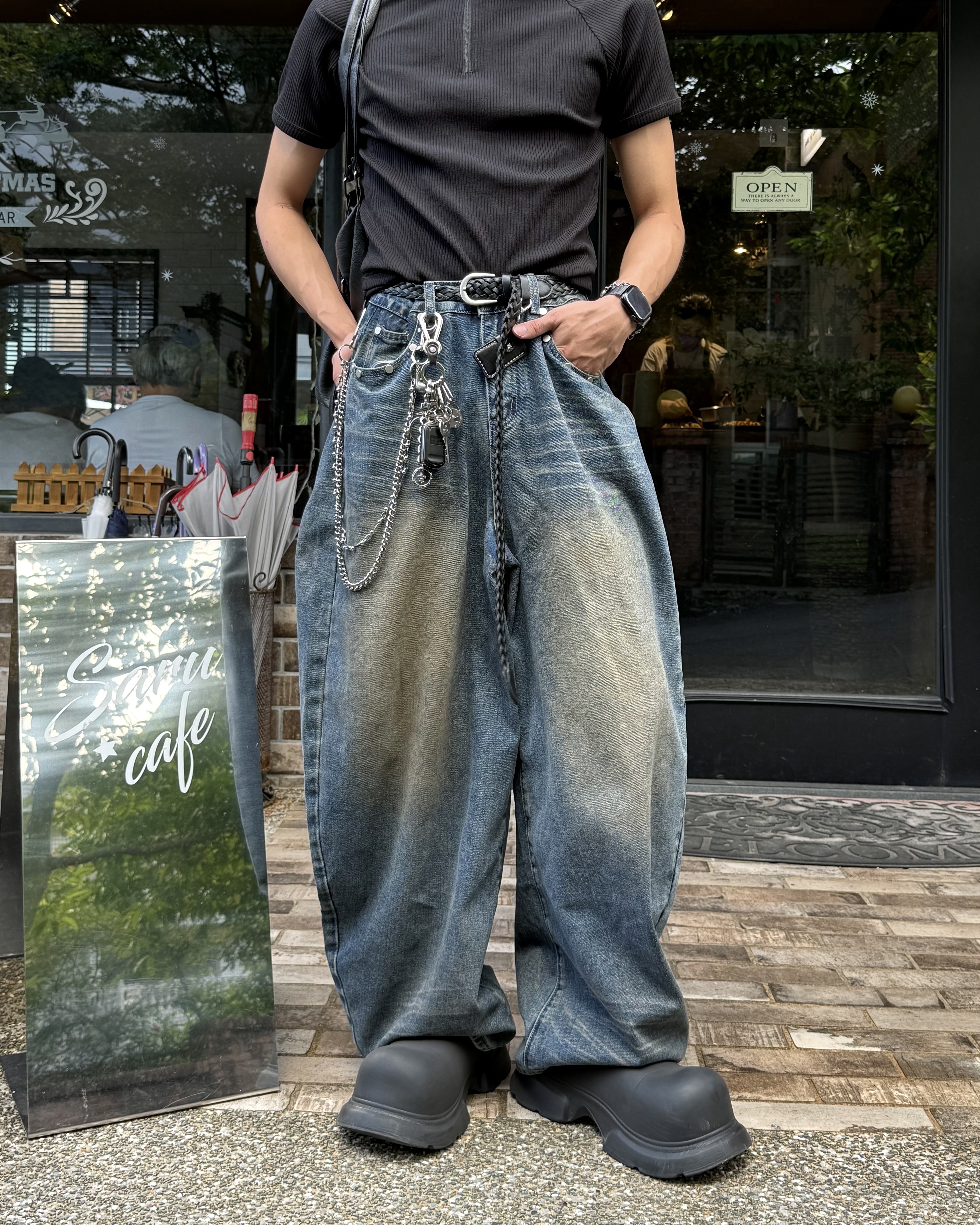 𝐇·𝐓·𝐒 韓國 荒野西部 卯釘設計 皮革 復古 水洗做舊 刷黃 牛仔 長褲