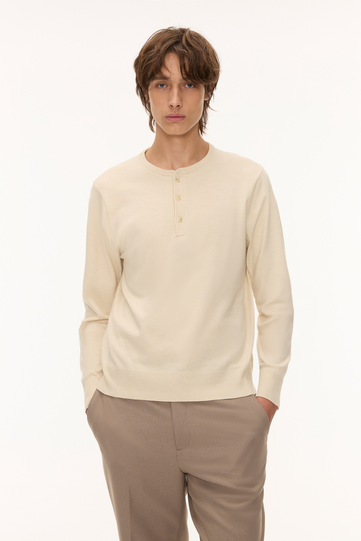 Luum亨利領針織長袖Polo衫 （米白）