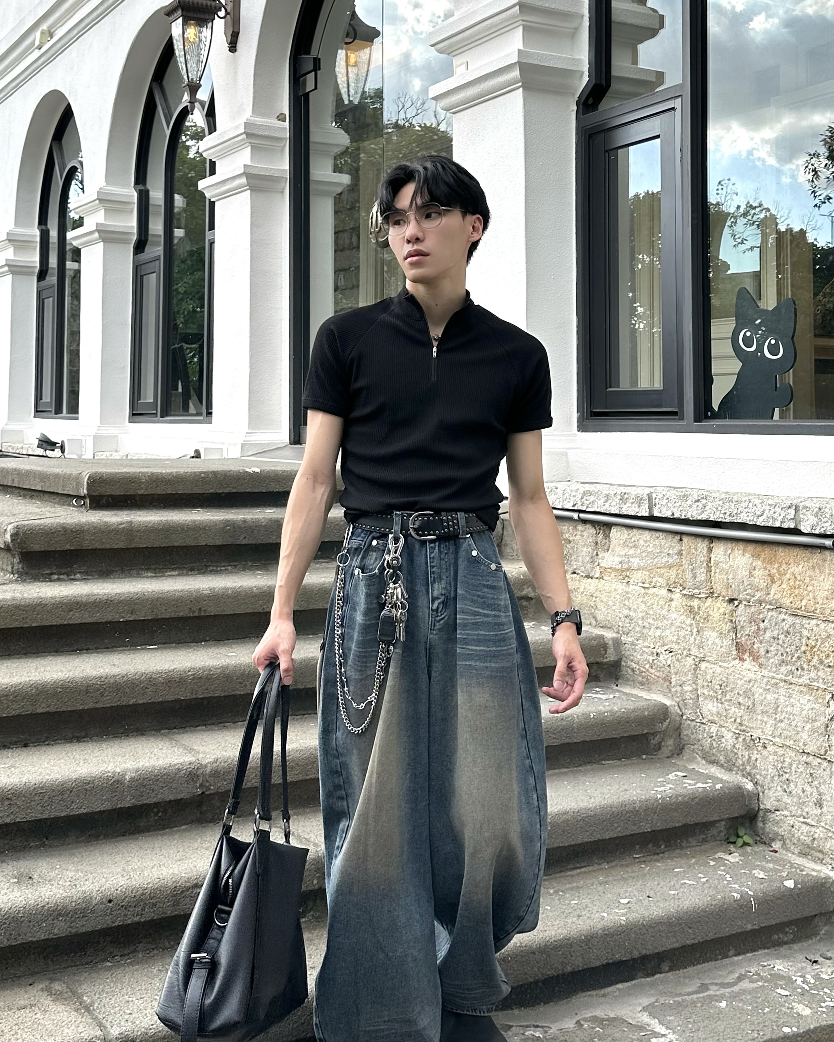 𝐇·𝐓·𝐒 韓國 輪廓線條 微高領 拉鏈設計 素面 螺紋 貼身 上衣 短袖