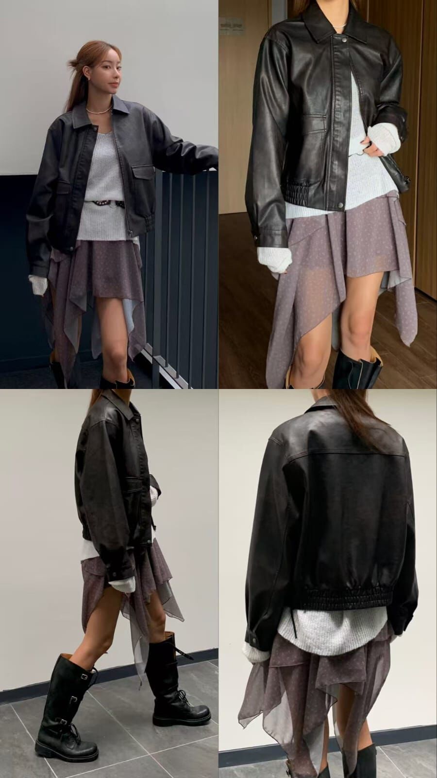 OB5113 翻領雙口袋收腰皮外套