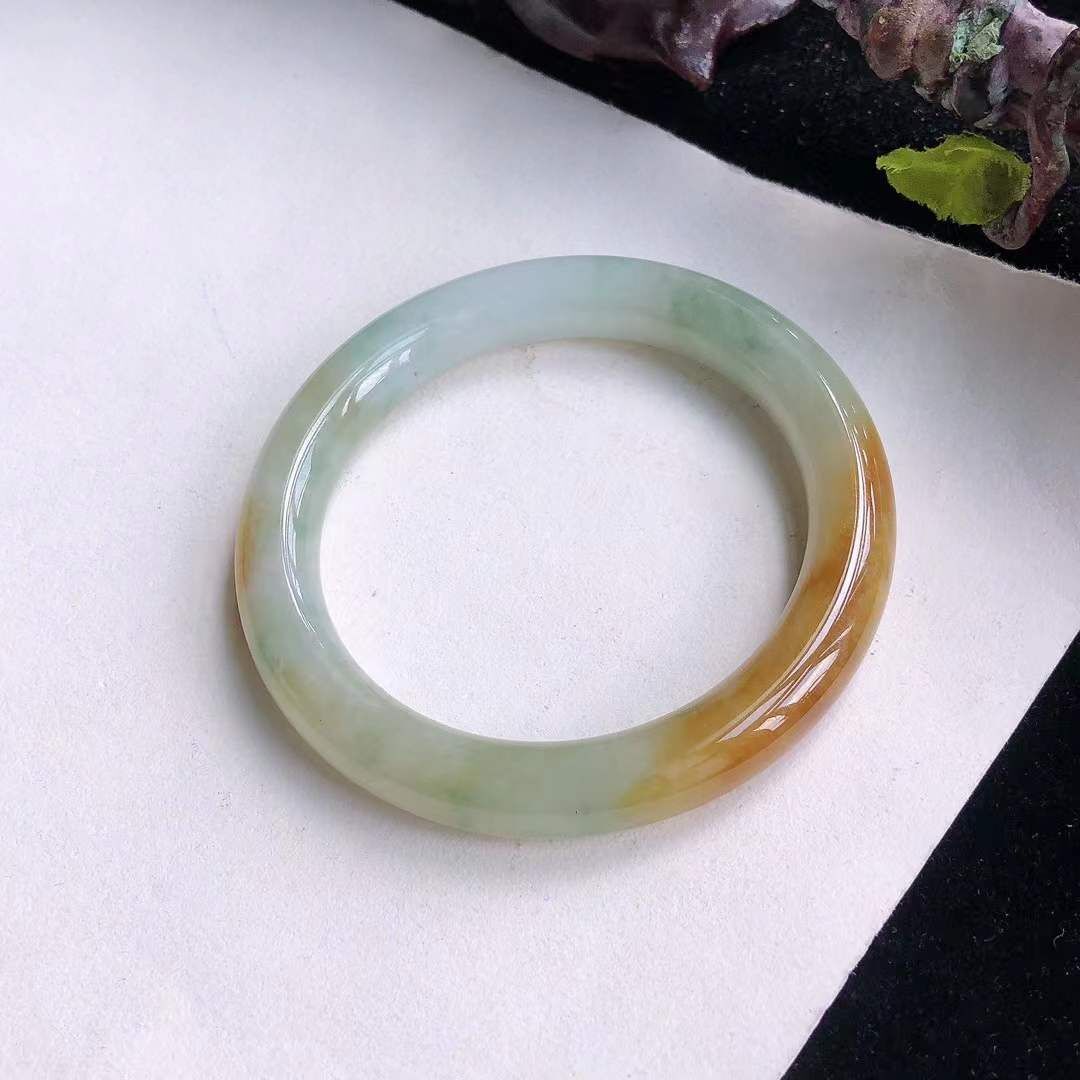 冰糯飄黃翡翡翠圓條手鐲,天然翡翠A玉, 緬甸玉, Jade, Jadeite