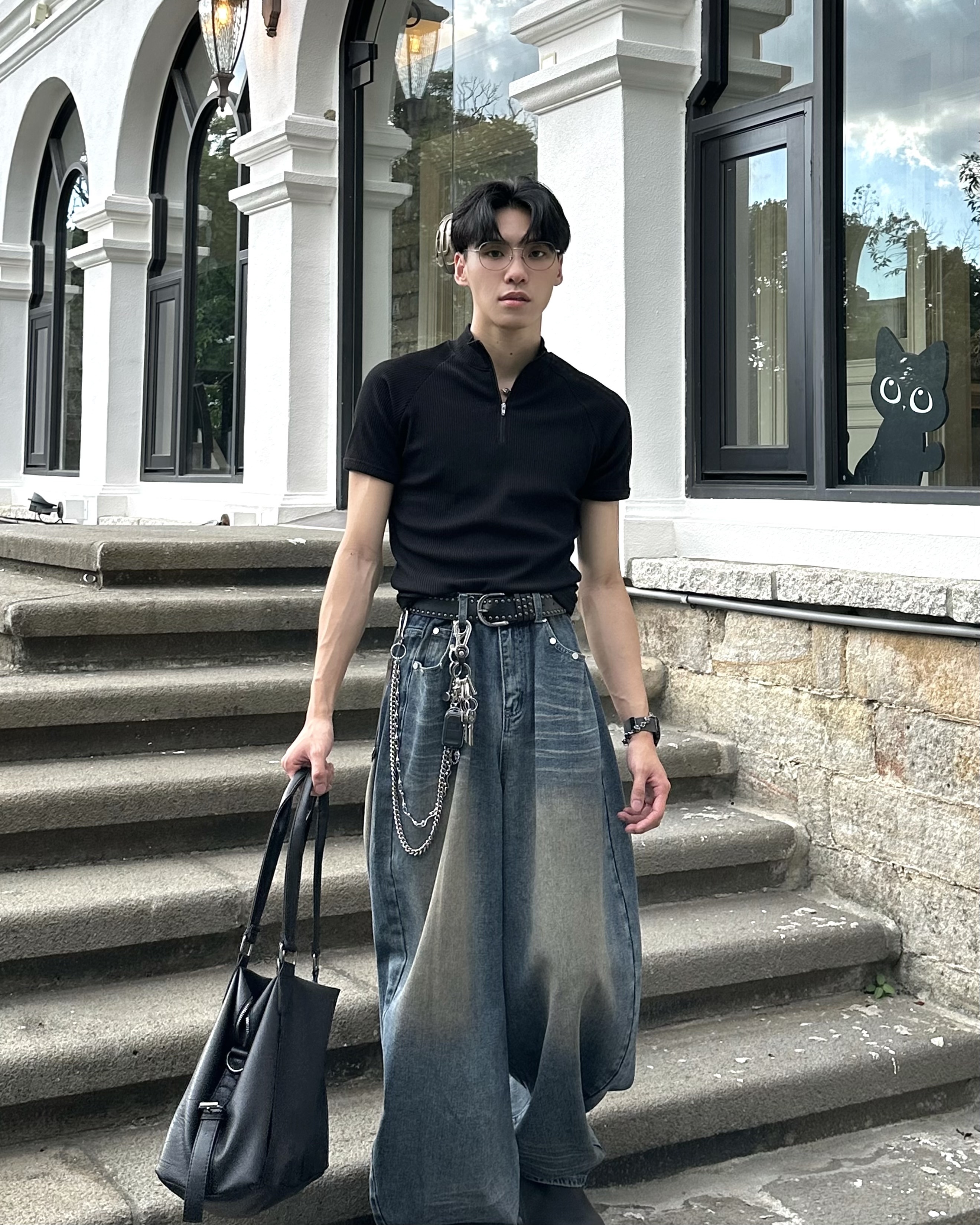 𝐇·𝐓·𝐒 韓國 輪廓線條 微高領 拉鏈設計 素面 螺紋 貼身 上衣 短袖