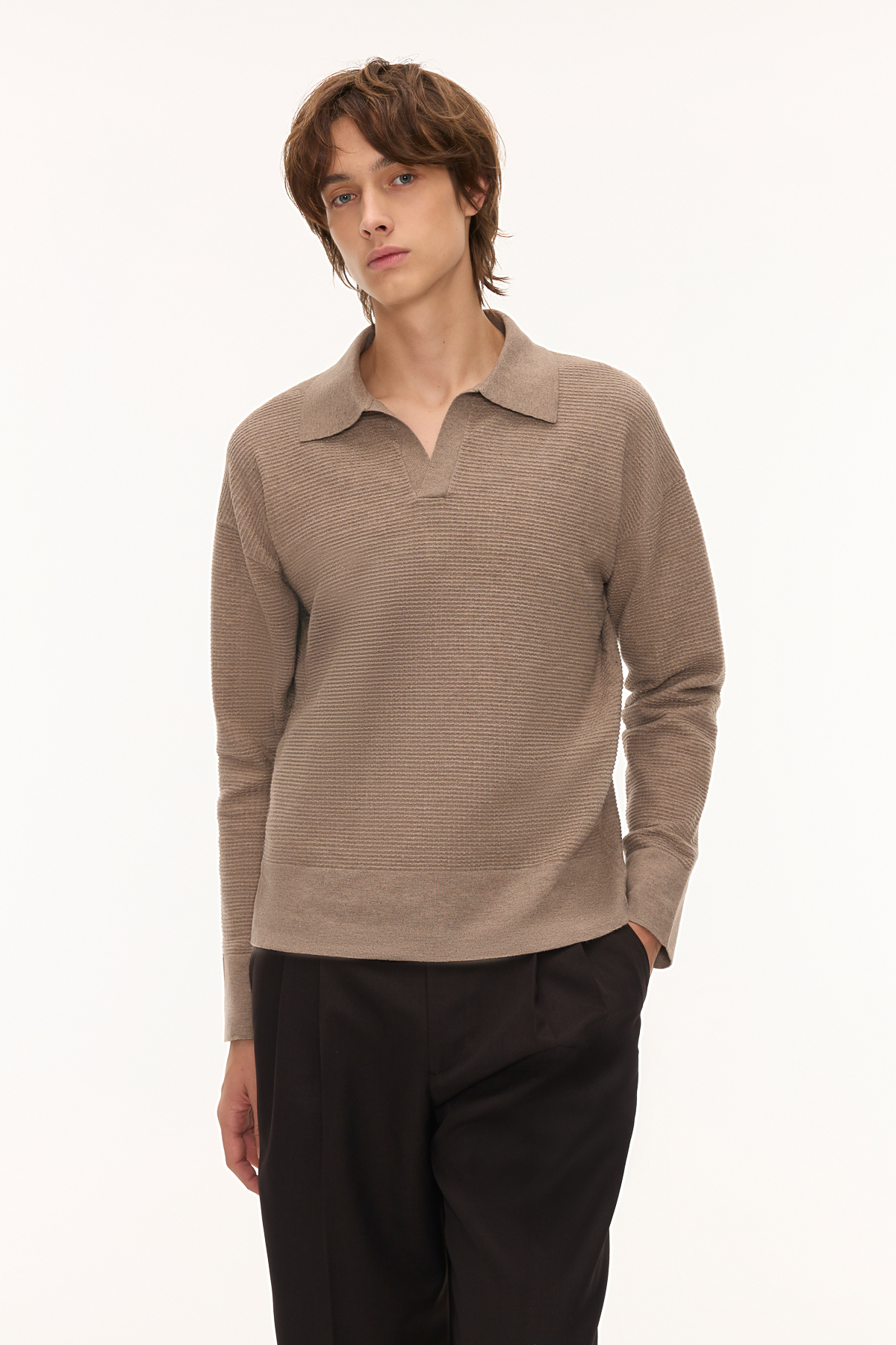 Luum V領針織長袖Polo衫 （棕色）