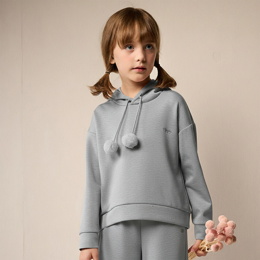 PIPPY 俏麗休閒風落肩連帽綁帶長袖上衣 灰