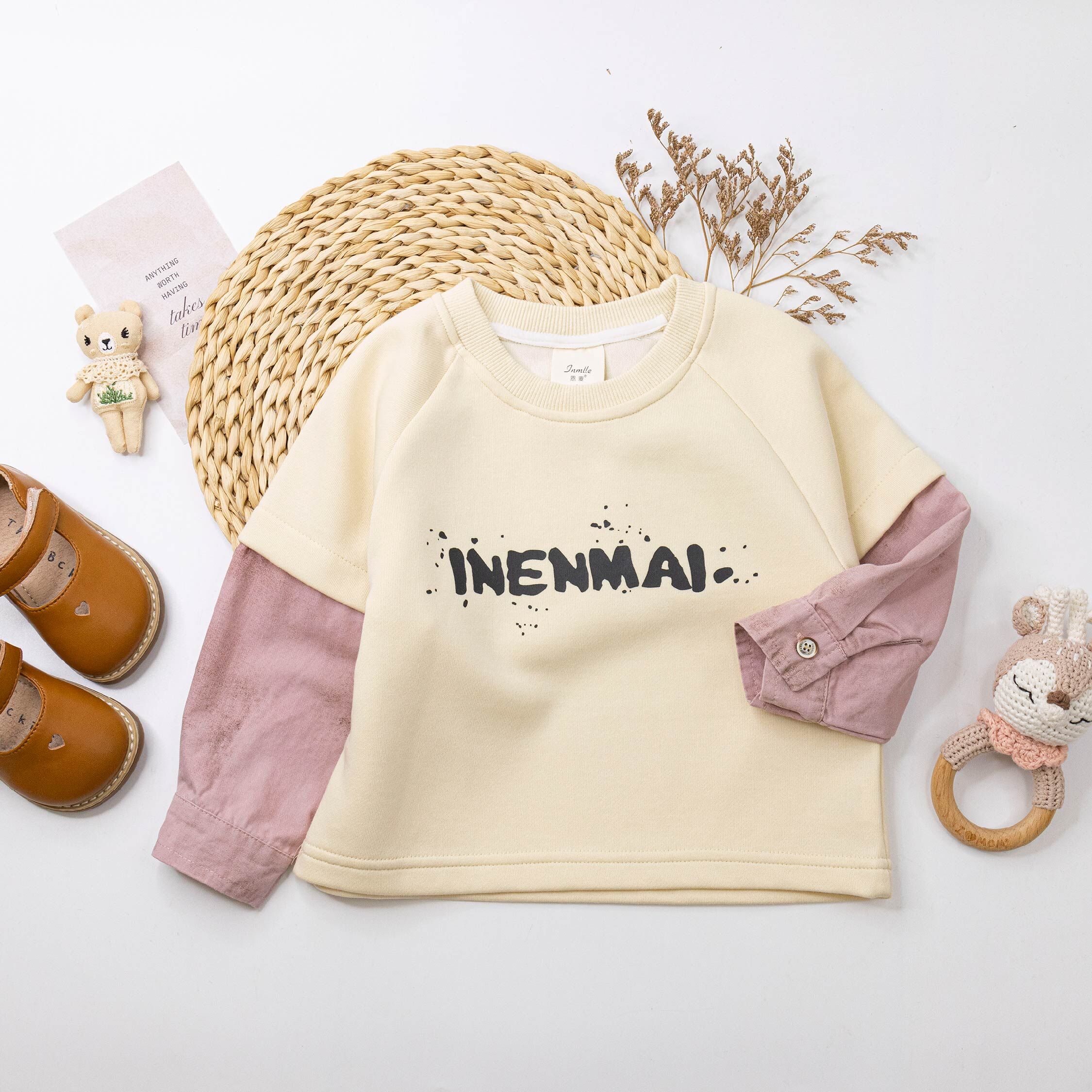 【H55663】個性英字噴墨假兩件上衣＊二色