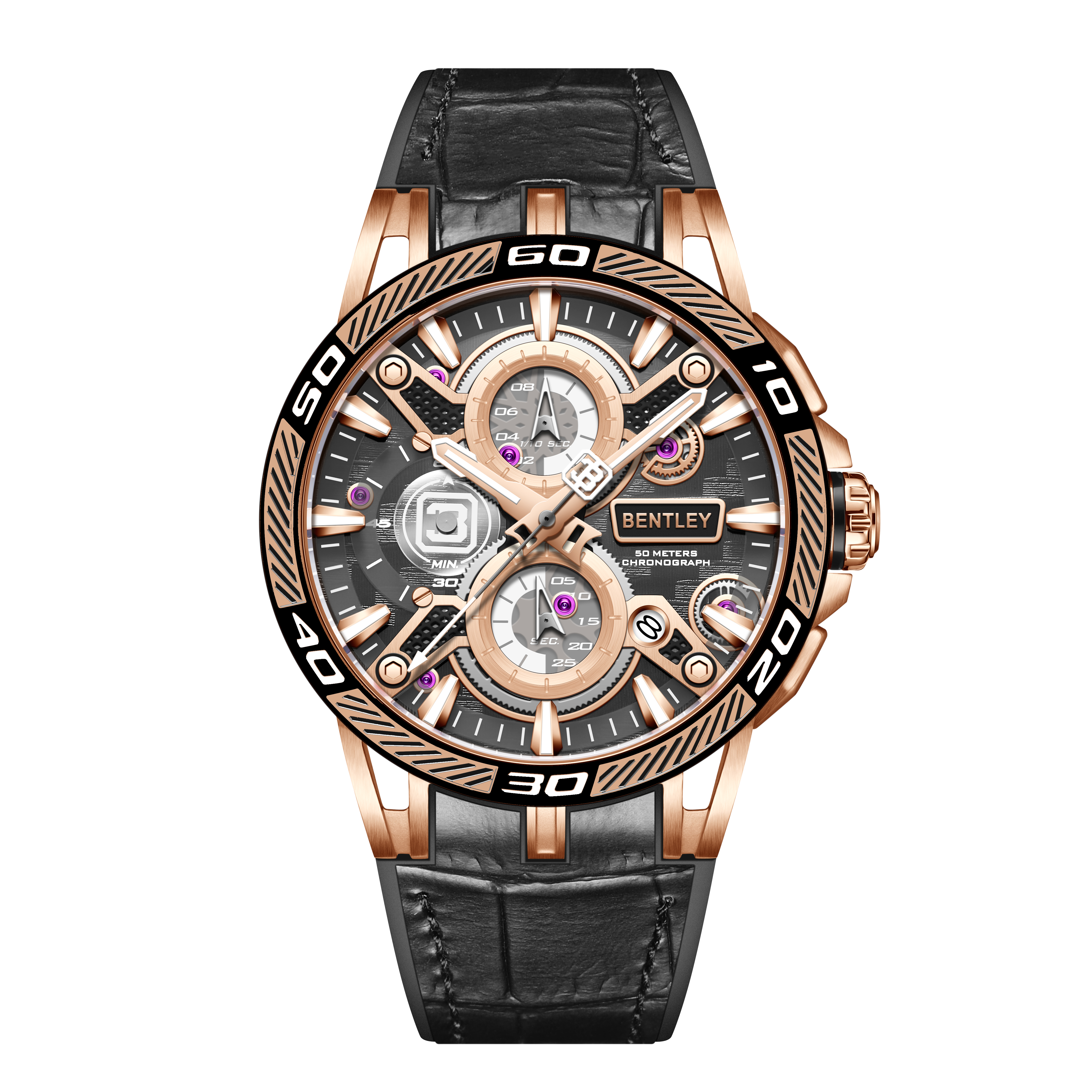 【BENTLEY 賓利】THE OUROBOROS 魅影系列 BL-40* 真三眼 牛皮 質感潮流型男 日期 夜光 多彩矽膠 手錶