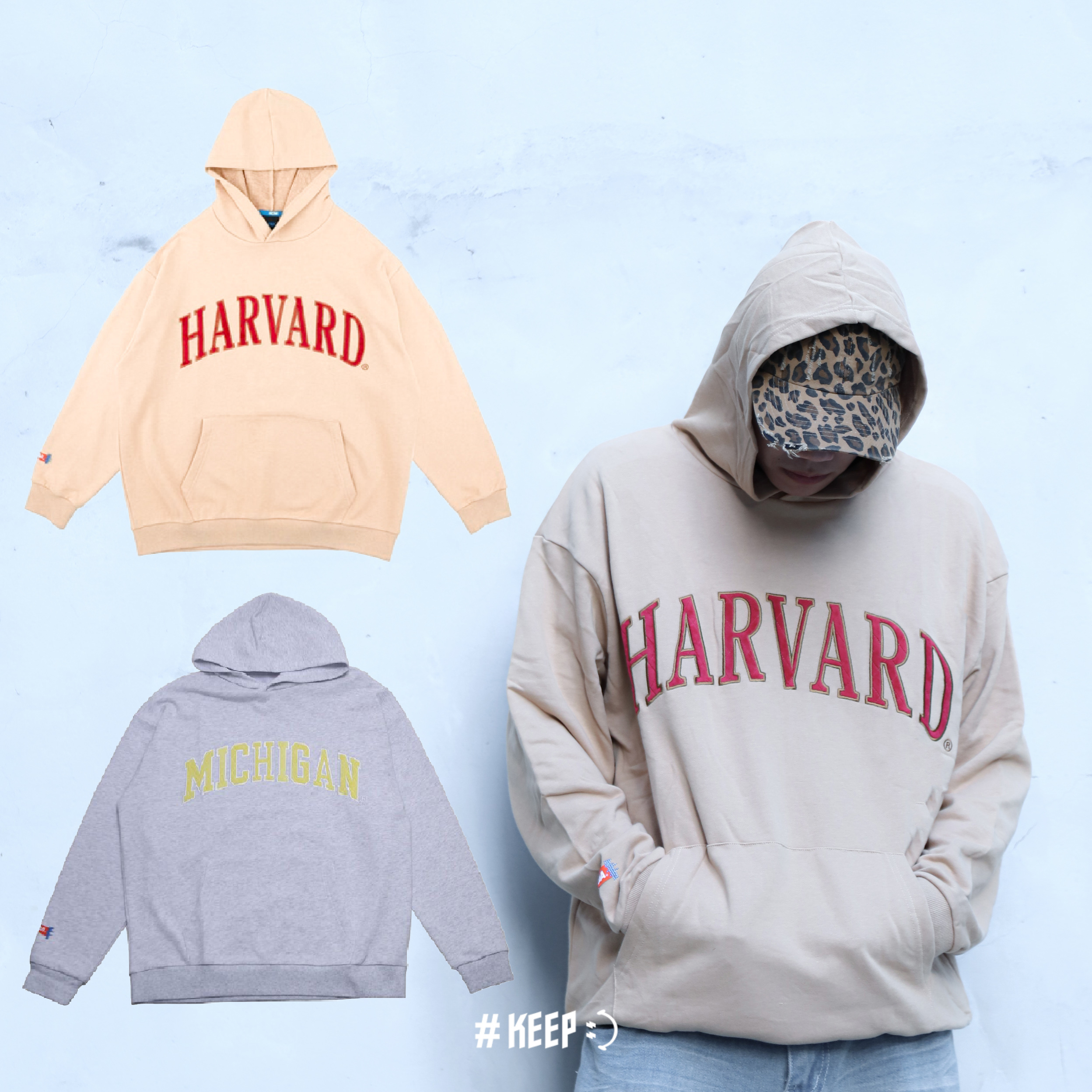 NCAA TEE 淺灰 卡其 休閒 哈佛 密西根 印花 口袋 落肩 貼布繡 長袖 連帽T【7351105】