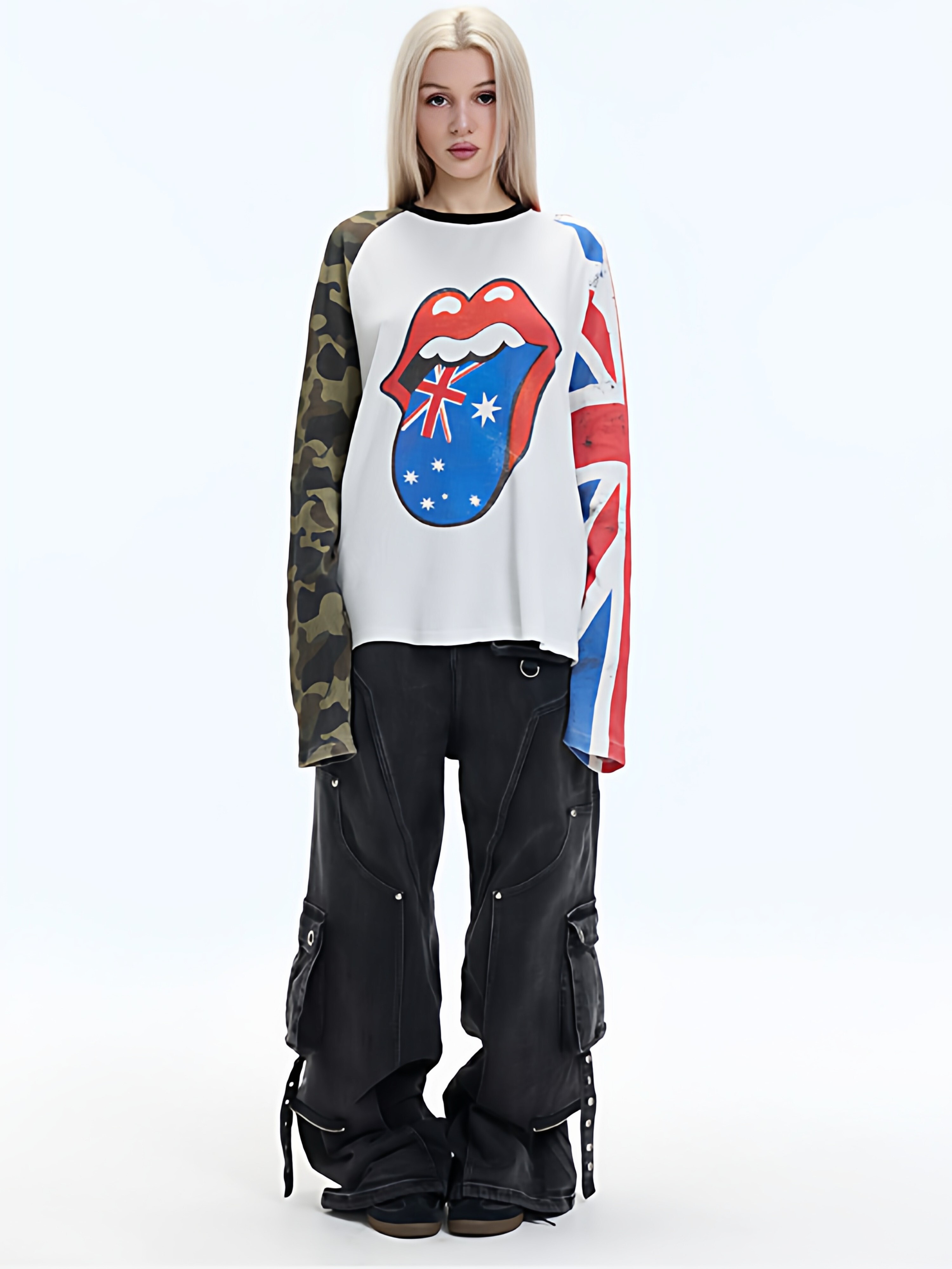 ArtByTastybabe 華夫格 手袖髒染 滾石大舌頭圖像 拼接長袖T