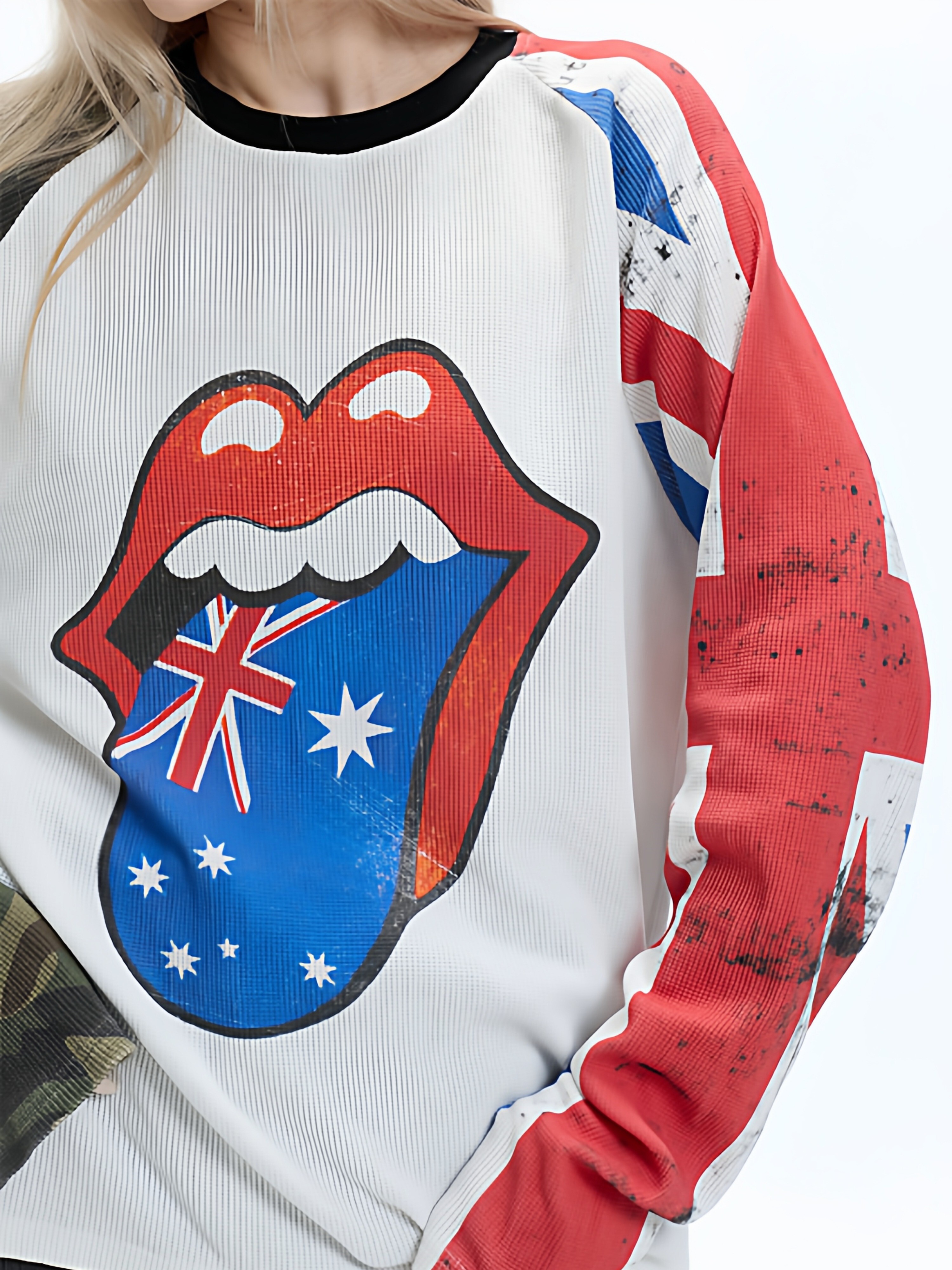 ArtByTastybabe 華夫格 手袖髒染 滾石大舌頭圖像 拼接長袖T