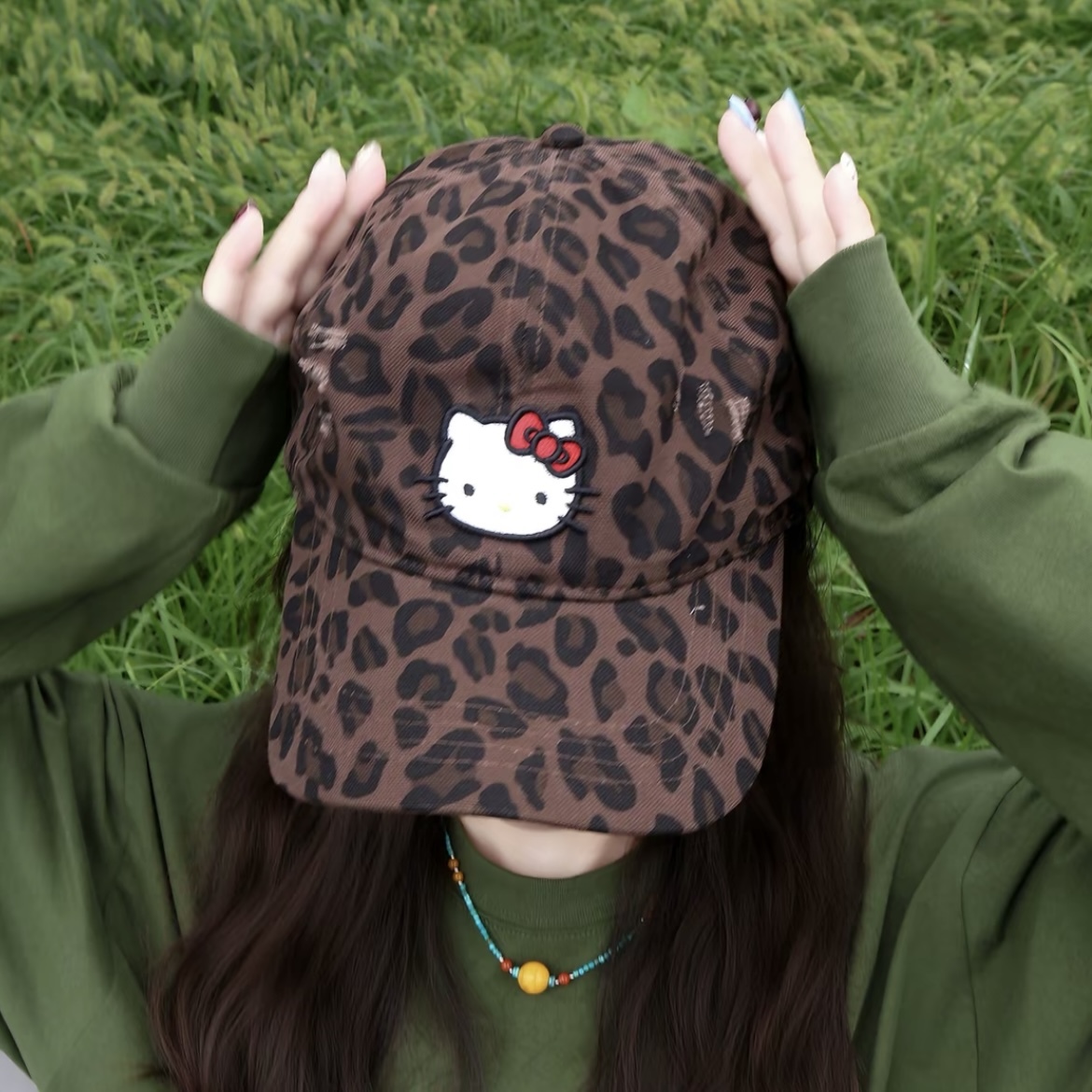 SANRIO KITTY 凱蒂貓 豹紋 咖棕色 刺繡LOGO 棒球帽 鴨舌帽 代購