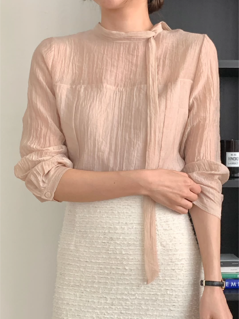 Gill 領結透膚褶皺襯衫 [ 3色 / Free ]