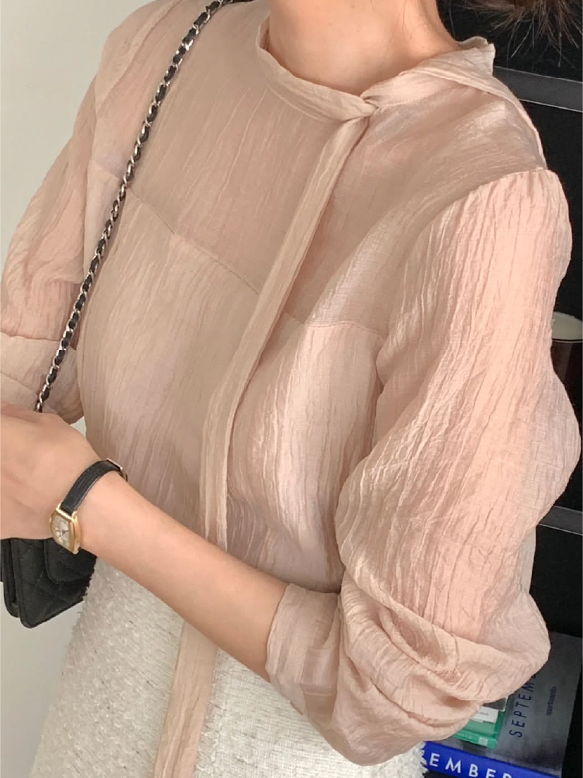 Gill 領結透膚褶皺襯衫 [ 3色 / Free ]