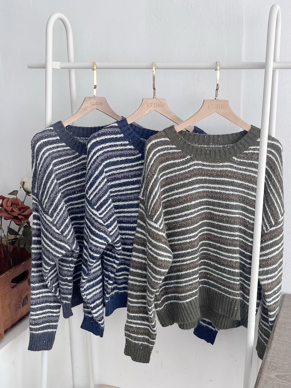 |現貨|小閃片條紋圓領針織毛衣(3色)