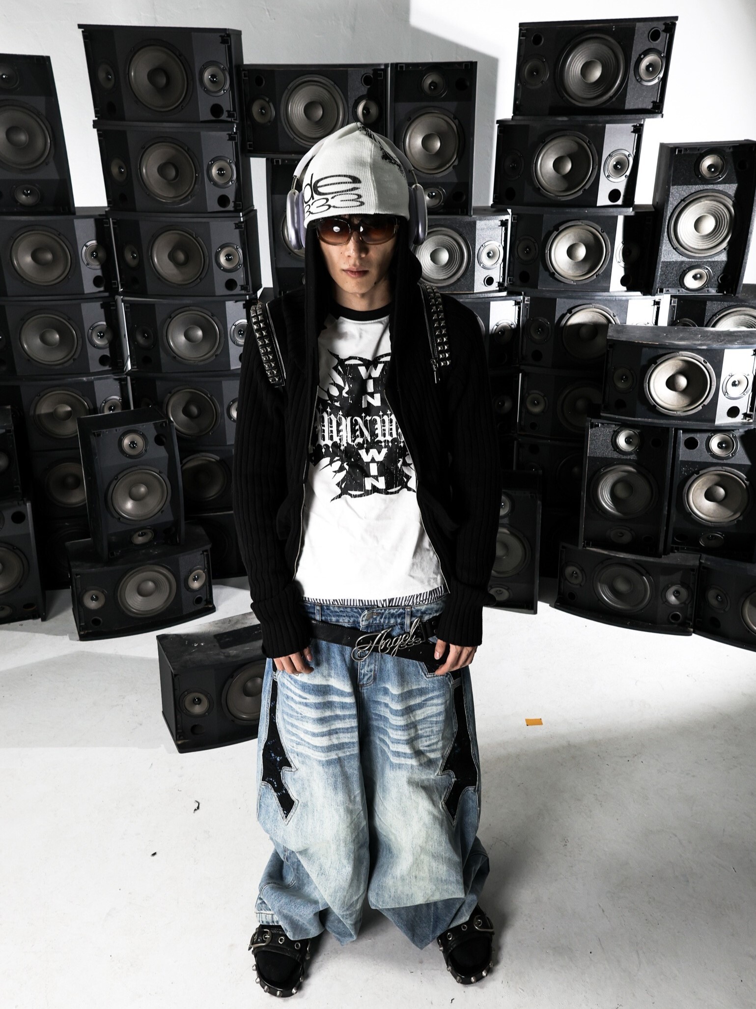 PCCVISION 3MAN0N 蕾絲拼接 藍黑雙色 做舊寬鬆 牛仔褲