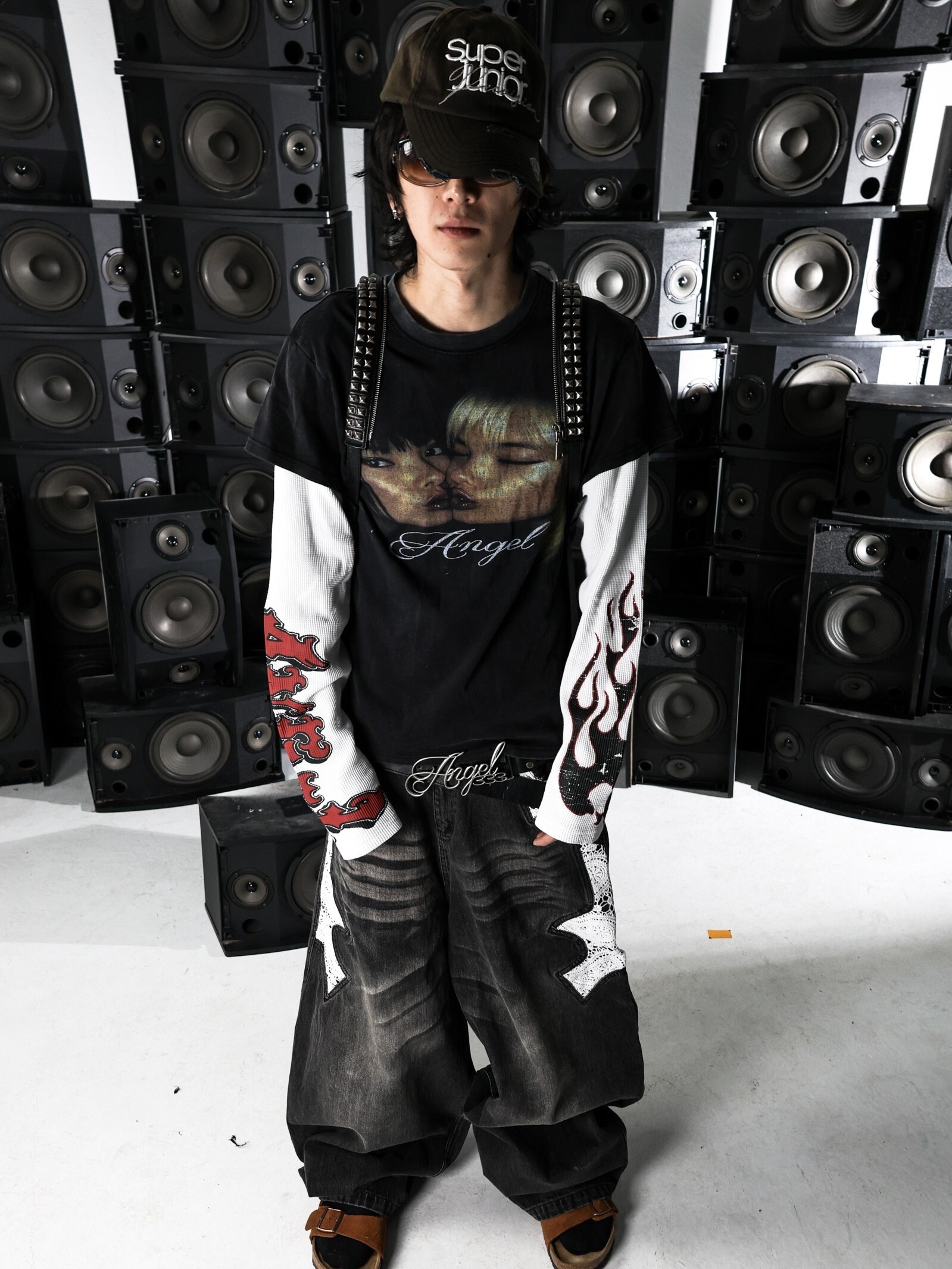 PCCVISION 3MAN0N 蕾絲拼接 藍黑雙色 做舊寬鬆 牛仔褲