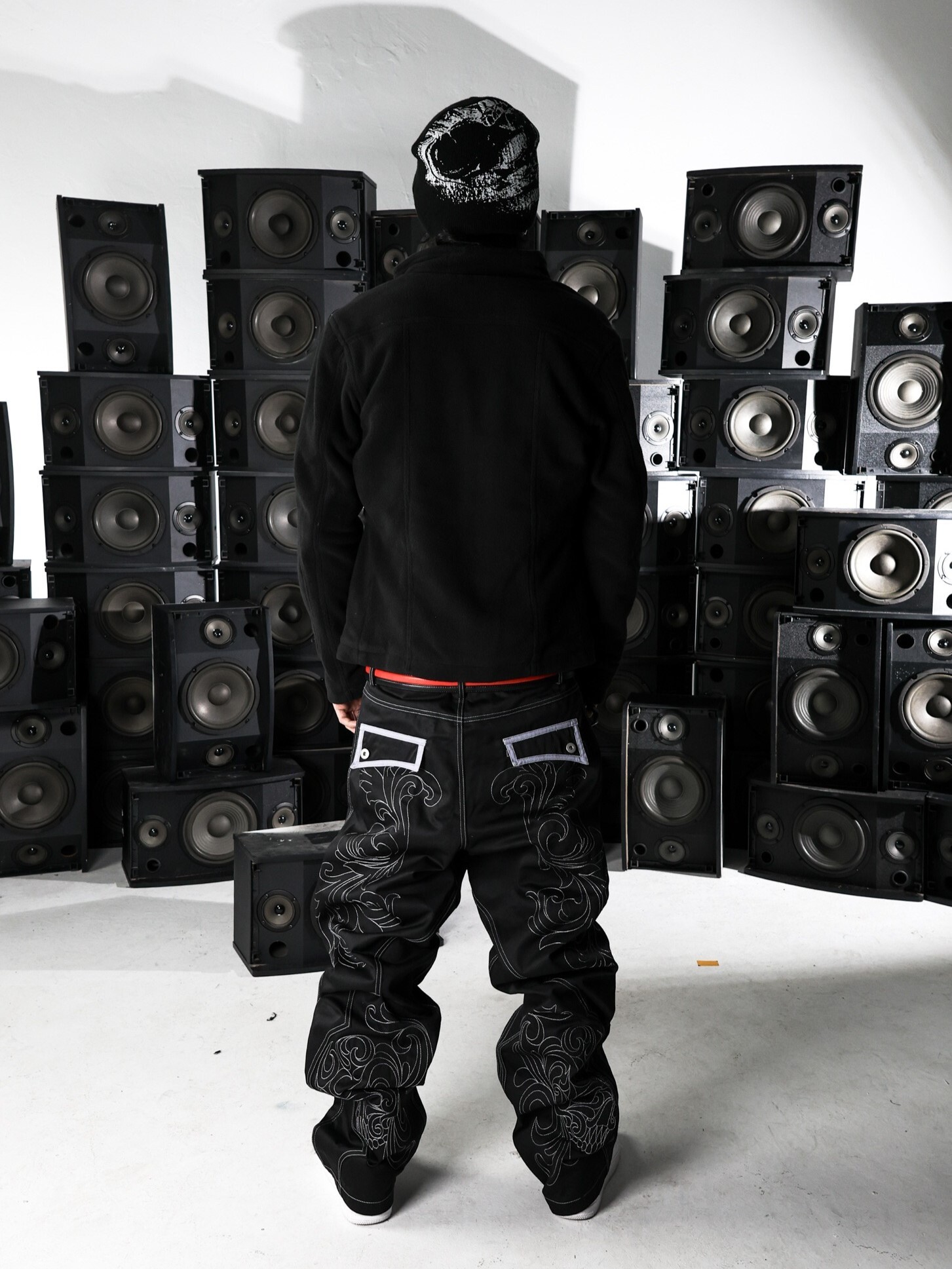 PCCVISION 3MAN0N 明線骷髏 巴洛克線繡 寬鬆硬挺 直筒牛仔褲