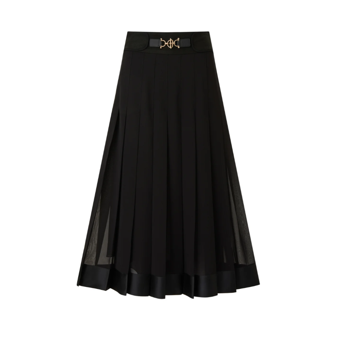1EA1020-070 EDWARD ACHOUR Sheer Pleated Maxi Skirt with Belt Buckle Detail Black #091110/936 (EU)