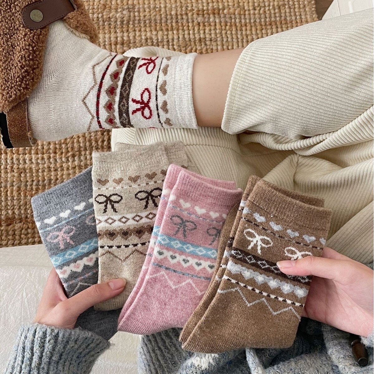 《6313》♾️費爾島蝴蝶結秋冬襪