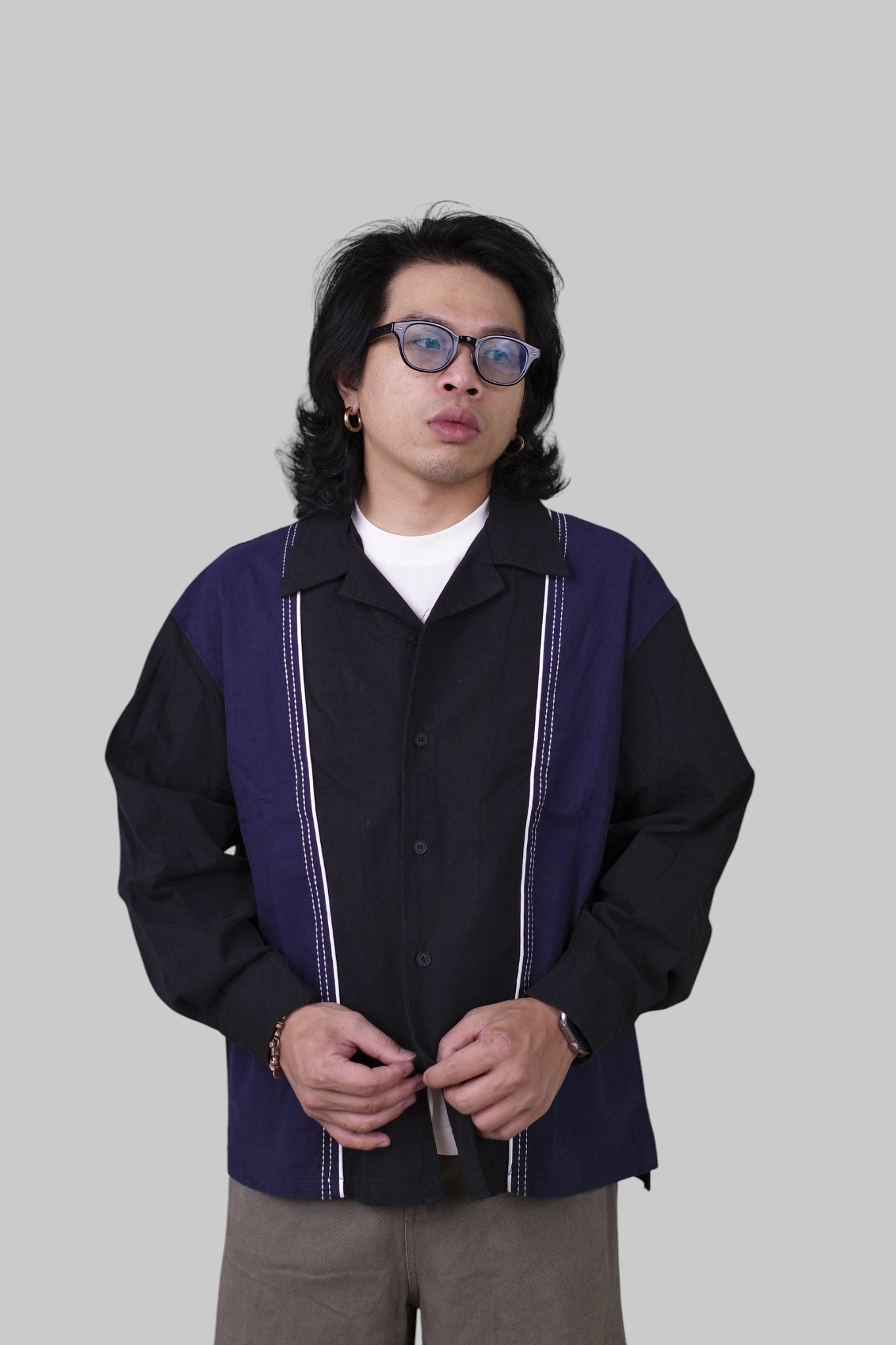 『Always_Good』日系 撞色 刺繡 古巴領 長袖 襯衫