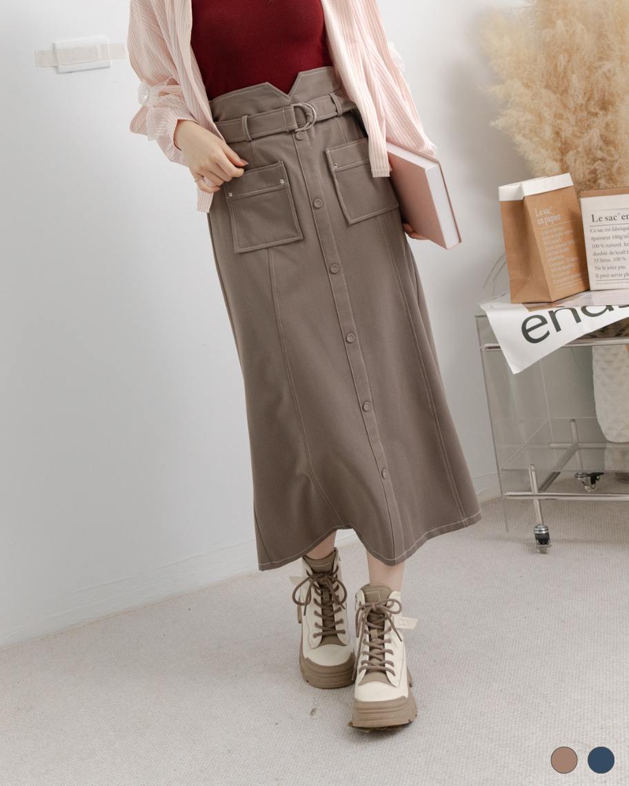 高腰V口貼袋撞色車線長裙