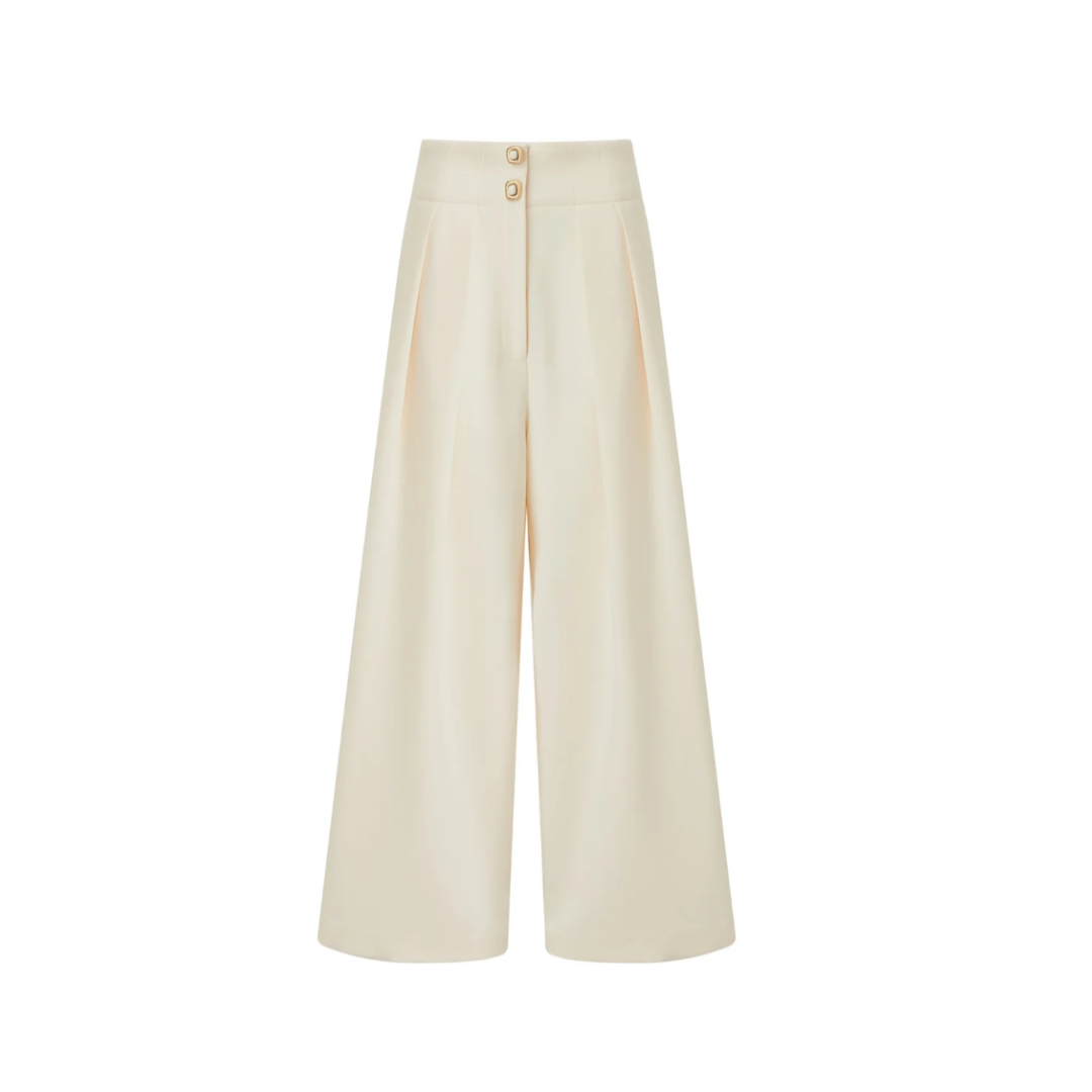 1EA1020-074 EDWARD ACHOUR Pleated Wide-Leg Wool-Blend Pants with Gold Buttons White #090904/928 (C-EU-E)