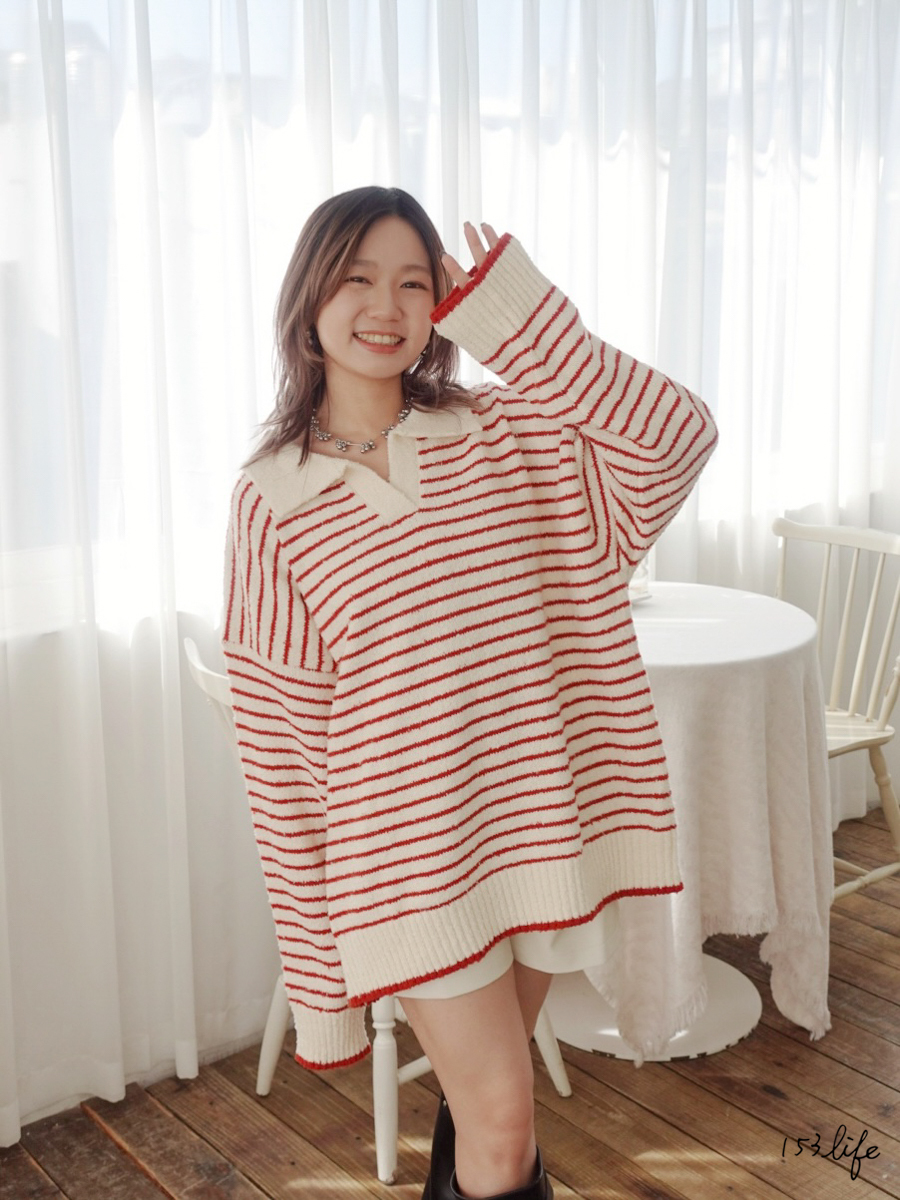|現貨|條紋翻領毛巾布長版針織上衣(2色)