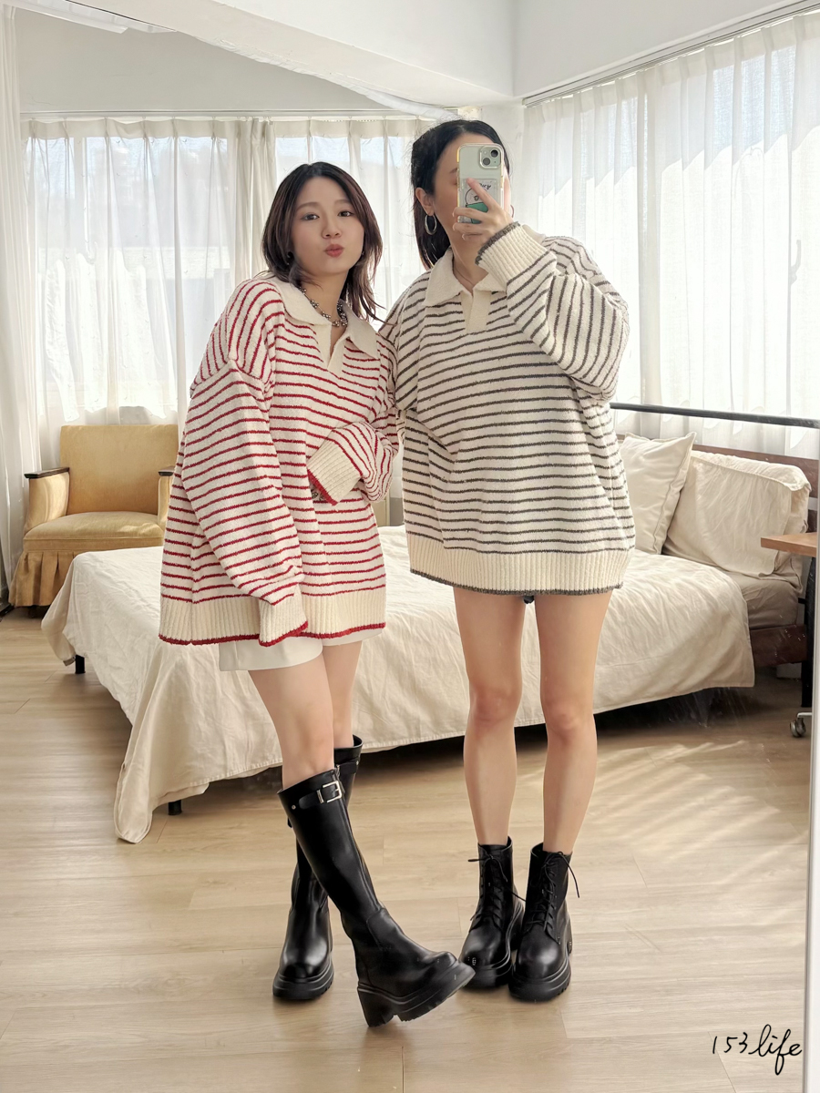 |現貨|條紋翻領毛巾布長版針織上衣(2色)