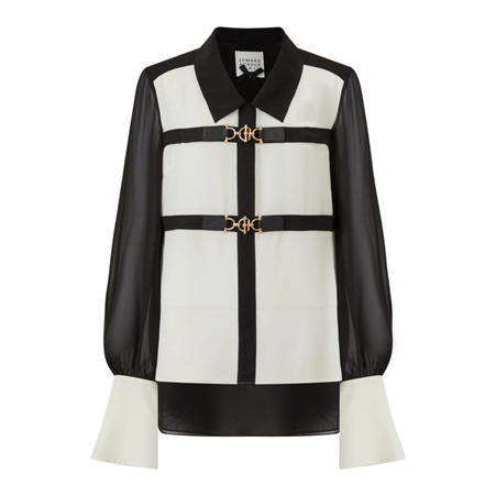 1EA1020-038 (Defect) EDWARD ACHOUR Monochrome Contrast Blouse with Gold Clasp Detail Black/White #090621/936 (C-EU-E)