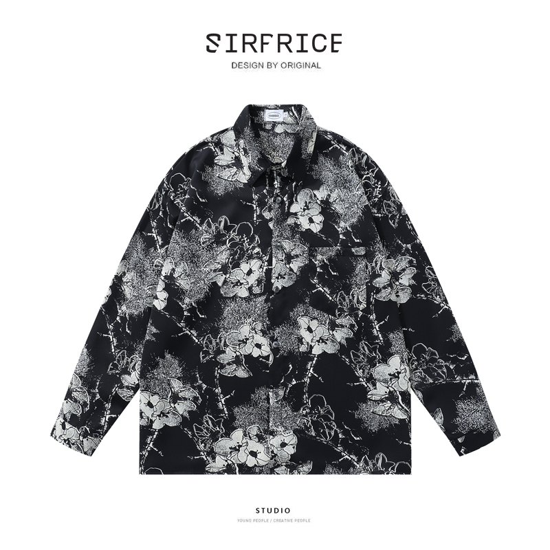 長袖襯衫 花襯衫 黑花 復古 暗黑