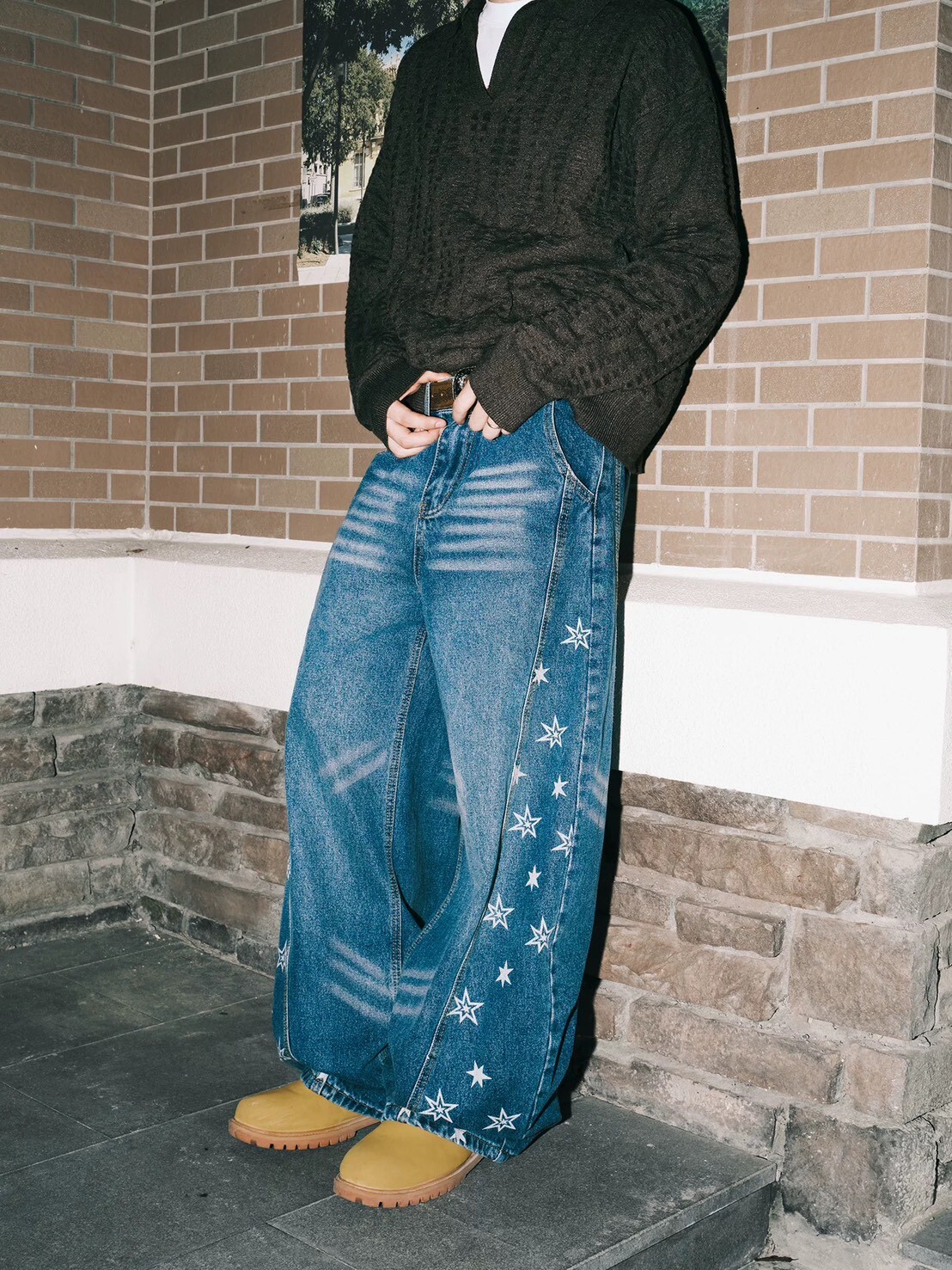 LEMANISM 美式復古做舊 星星牛仔褲