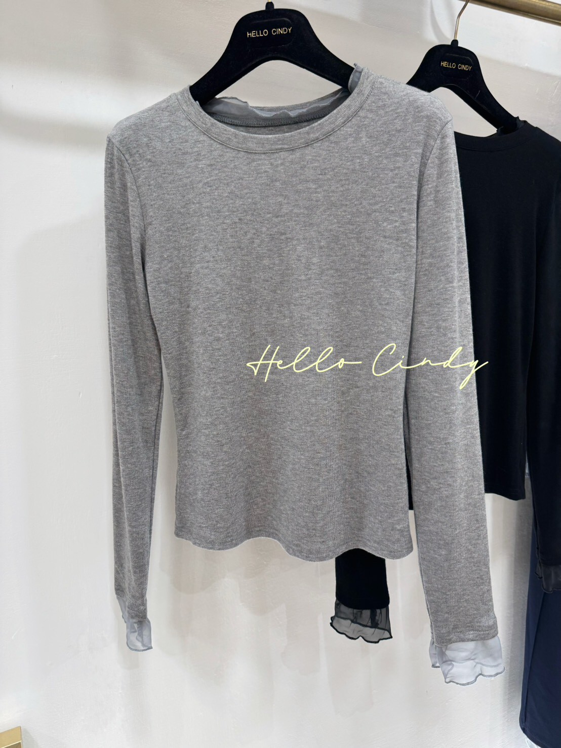 B10099 舒服自在好穿的假兩件式網紗木耳邊合身款長袖棉T