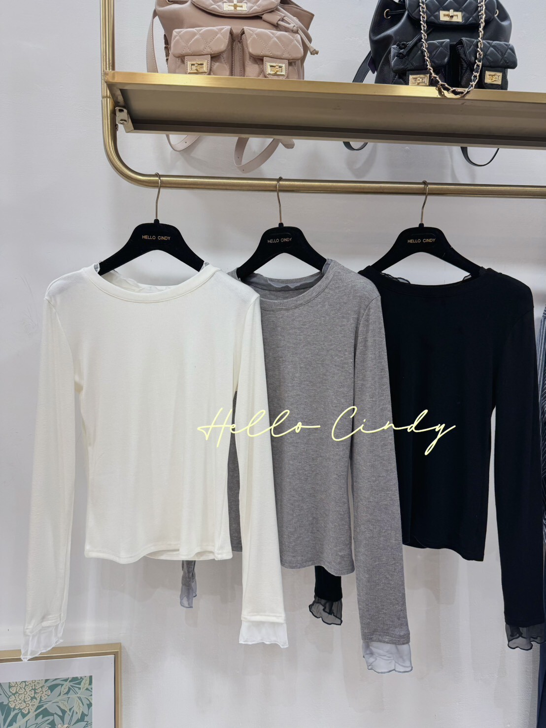 B10099 舒服自在好穿的假兩件式網紗木耳邊合身款長袖棉T