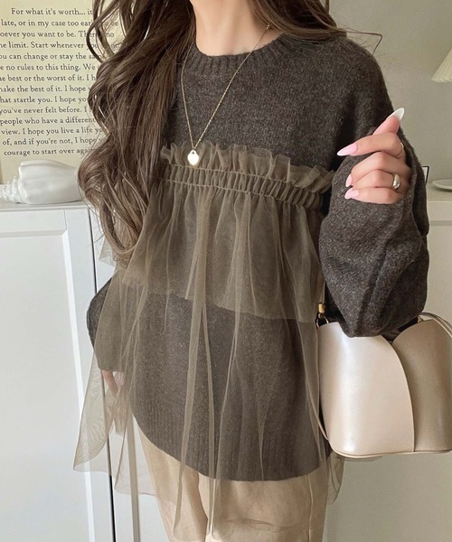 日本🇯🇵連線 Classical Elf 薄紗拼接蓬鬆袖針織衫 針織衫 薄紗 拼接 長袖 5色(任買兩件711免運)/預購