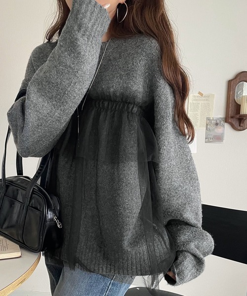 日本🇯🇵連線 Classical Elf 薄紗拼接蓬鬆袖針織衫 針織衫 薄紗 拼接 長袖 5色(任買兩件711免運)/預購