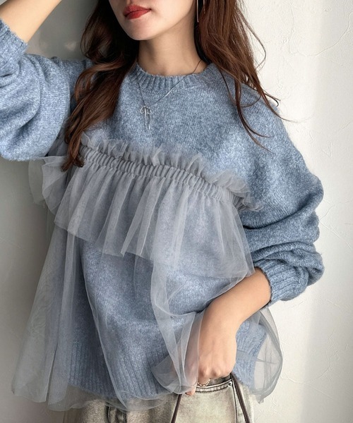 日本🇯🇵連線 Classical Elf 薄紗拼接蓬鬆袖針織衫 針織衫 薄紗 拼接 長袖 5色(任買兩件711免運)/預購