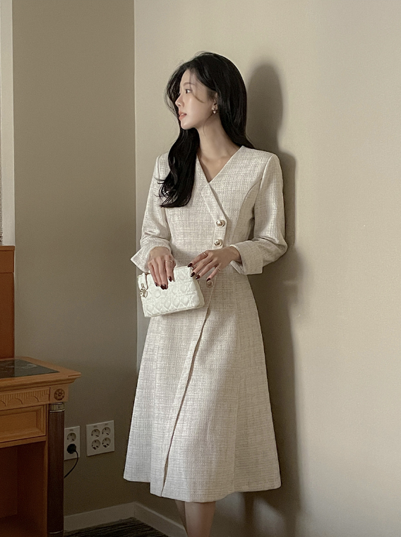 Cornelia 斜排釦V領A字長洋裝 [ 2色 / S,M ]