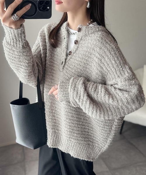 日本🇯🇵連線 Classical Elf 圈圈毛絨亨利領針織衫 兩面可穿 圈形紗線 針織衫 亨利領 長袖 4色(任買兩件711免運)/預購