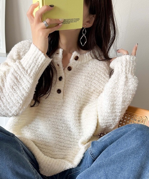 日本🇯🇵連線 Classical Elf 圈圈毛絨亨利領針織衫 兩面可穿 圈形紗線 針織衫 亨利領 長袖 4色(任買兩件711免運)/預購