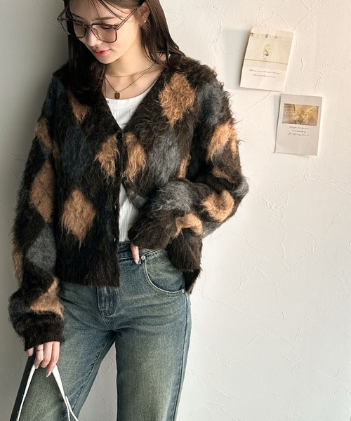 日本🇯🇵連線 Mily Bilet 拉絨菱形V領針織開襟衫 拉絨材質 毛絨 針織衫 開襟衫 套頭衫 長袖 3色(任買兩件711免運)/預購