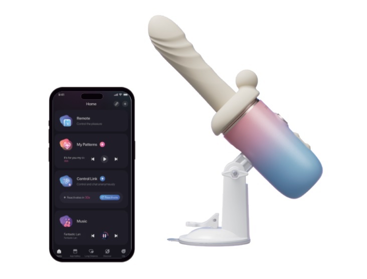 Lovense Spinel APP控推撞抽插加熱式按摩棒 手持/吸啜底盤 - 粉紅配藍色