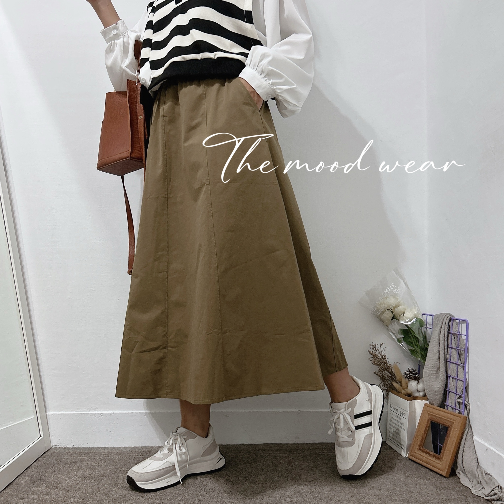 口袋Ａ字拼接長裙 傘裙  (卡其/深灰)